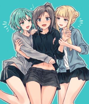 3girls :d @_@ aqua_background aqua_hair black_hoodie black_shorts blonde_hair blue_jacket blunt_bangs blush braid braided_bun breasts bun_with_braided_base clothes_lift collarbone commentary d4dj denim denim_skirt double_bun drop_shadow fukushima_noa girl_sandwich grabbing_another's_arm green_eyes grey_eyes grey_hair grey_shirt grey_skirt hair_bun hanamaki_towa hand_on_another's_arm high_ponytail highres hood hoodie hoodie_lift jacket long_hair long_sleeves looking_at_another medium_breasts midriff_peek miniskirt multiple_girls navel niijima_ibuki notice_lines open_clothes open_jacket open_mouth pleated_skirt ponytail revision sandwiched shirt short_hair short_hair_with_long_locks short_shorts shorts sidelocks simple_background skirt smile sweatdrop swept_bangs three-quarter_sleeves white_shirt yukitake_(bullfalk) yuri