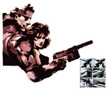 Rule 34 | 1boy, 1girl, absurdres, bandana, brown theme, closed mouth, flipped hair, from side, gun, h&amp;k mark 23, handgun, highres, holding, holding gun, holding weapon, laser sight, limited palette, meryl silverburgh, metal gear (robot), metal gear (series), metal gear solid, nose, official art, promotional art, retro artstyle, scan, scar, shinkawa youji, simple background, solid snake, suppressor, weapon, white background