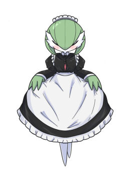 1girl apron black_dress blush bob_cut buttons closed_eyes clothed_pokemon colored_skin curtsey dress female_focus frilled_apron frilled_dress frills full_body gardevoir gen_3_pokemon green_hair green_skin hair_between_eyes hands_up highres long_dress long_sleeves maid maid_apron maid_headdress multicolored_skin nintendo no_feet onion_kishi pokemon pokemon_(creature) short_hair simple_background solo standing straight-on two-tone_skin u_u white_apron white_background white_skin