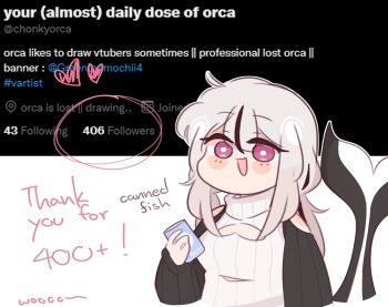 1girl :d artist_self-insert bare_shoulders black_hair blush_stickers breasts can canned_fish cetacean_tail chonkyorca cleavage_cutout clothing_cutout commentary cropped_torso english_text fins fish_tail grey_hair heart_cutout highres holding holding_can long_hair looking_at_viewer low_twintails medium_breasts multicolored_hair open_mouth orca_(chonkyorca) original purple_eyes ribbed_sweater shoulder_cutout smile solo streaked_hair sweater symbol-only_commentary tail turtleneck turtleneck_sweater twintails twitter upper_body very_long_hair white_background white_sweater