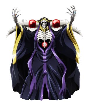 1boy ainz_ooal_gown anime_coloring arms_up black_robe bone fingernails full_body highres jewelry lich long_sleeves looking_at_viewer necromancer official_art open_hands overlord_(maruyama) ring robe simple_background skeletal_arm skeletal_hand skeleton skull solo spread_fingers standing tasaki_satoshi transparent_background undead wide_sleeves