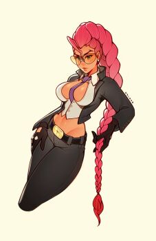 1girl artist_name black_gloves black_jacket black_pants braid braided_ponytail breasts capcom crimson_viper female_focus formal_clothes glasses gloves high_collar highres jacket large_breasts long_sleeves necktie oxcoxa pants pompadour purple_necktie solo street_fighter street_fighter_iv_(series) suit_jacket tight_clothes tight_pants tinted_eyewear yellow-tinted_eyewear