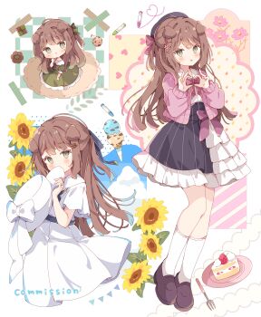 1girl :d absurdres animal_ears beret black_hat blush bow bowtie brown_hair brown_shoes cake cake_slice cardigan chibi collared_shirt commentary commission crayon dog_ears dog_girl dress flower food fork frilled_skirt frills fruit full_body green_dress green_eyes hands_up hat hat_bow highres holding holding_unworn_clothes holding_unworn_hat ice_cream leaf long_hair long_sleeves looking_at_viewer multiple_scoops multiple_views open_cardigan open_clothes open_mouth original pink_cardigan plate red_bow red_bowtie shirt shoes short_sleeves sidelocks skeb_commission skirt smile socks standing strawberry striped_clothes striped_skirt sunflower tsukiyo_(skymint) unworn_hat unworn_headwear vertical-striped_clothes vertical-striped_skirt white_dress white_hat white_shirt white_socks yellow_flower