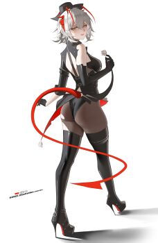1girl absurdres ambience_synesthesia antenna_hair arknights ass asymmetrical_gloves bare_shoulders black_boots black_hat black_leotard black_pantyhose boots breasts chinese_commentary commentary_request dated demon_girl demon_horns demon_tail elbow_gloves fine_fabric_emphasis full_body gloves grey_hair hat high_heel_boots high_heels highres horns leotard lips looking_at_viewer official_alternate_costume pantyhose parted_lips platform_boots platform_heels red_lips revision shadow short_hair simple_background single_elbow_glove smile solo standing stiletto_heels tail teeth thigh_boots torn_clothes torn_pantyhose w_(arknights) w_(wanted)_(arknights) walking yat_(tsmn7245)
