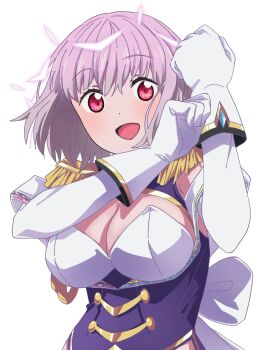 Rule 34 | 1girl, back bow, blush, bow, breasts, cleavage, commentary, detached sleeves, epaulettes, gloves, gridman universe, gridman universe (movie), halo, hand up, highres, jacket, large breasts, looking at viewer, medium hair, pink halo, purple hair, purple jacket, red eyes, shinjou akane, shinjou akane (new order), shirt, smile, solo, ssss.gridman, white background, white bow, white gloves, ya (zawa0410)