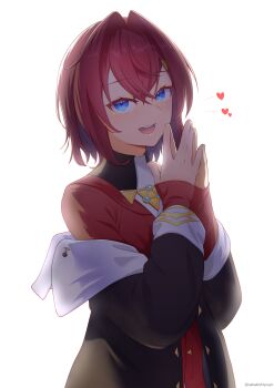 1girl :d absurdres ange_katrina ange_katrina_(1st_costume) backlighting black_coat blue_eyes cardigan coat commentary_request crossed_bangs hair_between_eyes hair_intakes hair_ornament hands_up heart highres lips looking_at_viewer medium_hair mikoton nijisanji off_shoulder open_mouth own_hands_together red_cardigan red_hair simple_background sleeves_past_wrists smile solo steepled_fingers teeth triangle_hair_ornament twitter_username upper_body upper_teeth_only virtual_youtuber white_background