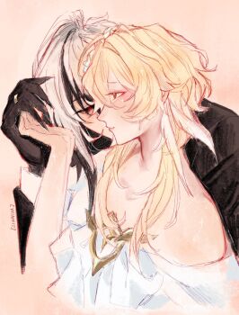 2girls arlecchino_(genshin_impact) bare_shoulders black_eyes black_hands black_shirt black_streaks blonde_hair colored_extremities commentary english_commentary genshin_impact highres holding_hands long_hair lumine_(genshin_impact) multiple_girls off_shoulder red_eyes red_pupils shirt siwhim symbol-shaped_pupils white_hair white_shirt x-shaped_pupils yuri