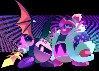 abstract_background blue_hat blue_jacket commentary_request full_body galaxia_(sword) hat holding holding_sword holding_weapon jacket king_dedede kirby_(series) kirby_and_the_forgotten_land mask meta_knight multicolored_eyes nintendo no_humans nt_26 open_clothes open_jacket phantom_king_dedede phantom_meta_knight ringed_eyes sword weapon wings