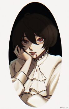 1girl ascot black_hair blood blood_on_clothes blood_on_face brown_eyes commentary fangs hair_between_eyes hair_ribbon hand_on_own_face highres layered_ascot nmi_zz2 original ribbon shirt short_hair solo symbol-only_commentary twitter_username white_ascot white_shirt