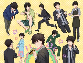 1boy apron black_hair blush chigusa_kasumi dishwashing flip-flops gun headphones headphones_around_neck looking_at_viewer male_focus multiple_views necktie pajamas qualidea_code rifle running sandals school_uniform sekiya_asami short_hair sniper sniper_rifle variations weapon aged_down