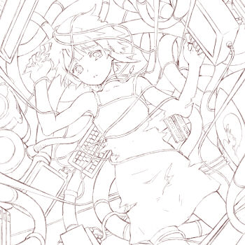 1990s_(style) 1girl asymmetrical_hair bad_id bad_pixiv_id cable chemise distortion female_focus hair_ornament hairclip highres iwakura_lain computer_keyboard lineart lying monitor monochrome serial_experiments_lain short_hair solo static toto_(vanilla) traditional_media