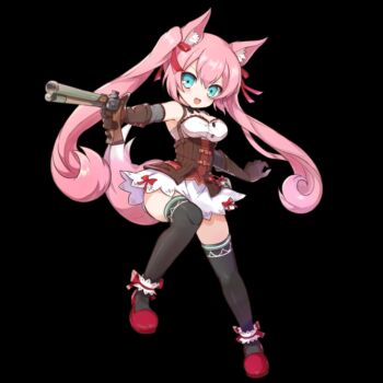 1girl animal_ear_fluff animal_ears bare_shoulders black_background black_bow black_thighhighs blue_eyes blush bow bowtie breasts brown_corset cleavage corset daisy_(merc_storia) dress flats fox_ears fox_girl fox_tail full_body gun hair_between_eyes highres holding holding_gun holding_weapon long_hair medium_breasts merc_storia merc_storia_art_team official_art open_mouth outstretched_arm pink_hair red_ribbon red_shoes ribbon scrunchie shoes short_dress sidelocks simple_background smile solo standing strapless tachi-e tail thighhighs thighs twintails underbust v-shaped_eyebrows very_long_hair weapon white_dress