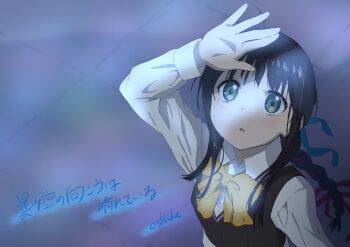 1girl 22/7 arm_up artist_name black_hair blue_ribbon bow bowtie braid braided_ponytail brown_vest collared_shirt from_above green_eyes hair_ribbon highres long_hair long_sleeves looking_up parted_lips red_ribbon ribbon shirt sidelocks solo song_name tile_floor tiles upper_body vest white_shirt yagami_toa yellow_bow yellow_bowtie yusuke_oshida