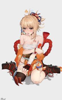 1girl absurdres ariel_(user_kear2553) arm_tattoo asymmetrical_legwear bandages bare_shoulders black_gloves black_socks black_thighhighs blonde_hair chest_sarashi choker collarbone commentary_request fingerless_gloves genshin_impact geta gloves grey_background grey_eyes highres japanese_clothes kimono looking_at_viewer off_shoulder open_mouth orange_kimono ponytail red_choker sarashi short_hair simple_background single_glove single_sock single_thighhigh sitting socks solo tattoo thighhighs wariza wrist_wrap yoimiya_(genshin_impact)