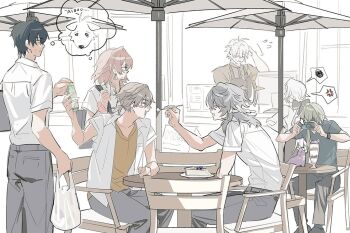 2girls 5boys alternate_costume alternate_hairstyle anaxa_(honkai:_star_rail) anger_vein antenna_hair apron arrow_(symbol) backpack bag belt black_apron black_bag black_belt black_bow black_hair black_pants black_shirt black_shoes black_socks blush_stickers bow breast_pocket brown_shirt caelus_(honkai:_star_rail) cake cake_slice cellphone cerydra_(honkai:_star_rail) chair closed_eyes collared_shirt computer cowboy_shot cup dan_heng_(honkai:_star_rail) drinking_glass earrings eyepatch feathered_wings feeding flying_sweatdrops food from_behind gold_earrings green_hair grey_hair hair_between_eyes hair_bow halo halo_behind_head hand_on_another&#039;s_head hand_up hands_up head_wings holding holding_bag holding_phone holding_spoon honkai:_star_rail honkai_(series) ice_cream jewelry long_hair looking_at_another low_ponytail march_7th_(honkai:_star_rail) menu_board multiple_boys multiple_girls no_eyes no_mouth on_chair open_clothes open_mouth open_shirt pants phainon_(honkai:_star_rail) phone pink_hair pocket ponytail salmonntan shirt shoes short_hair short_ponytail short_sleeves sidelocks single_earring sitting smartphone smile socks speech_bubble spoken_anger_vein spoken_squiggle spoon squiggle standing sundae sunday_(honkai:_star_rail) sweatdrop t-shirt table taking_picture tank_top thought_bubble trailblazer_(honkai:_star_rail) umbrella watch white_bag white_hair white_shirt window wings wristwatch yellow_eyes yellow_tank_top