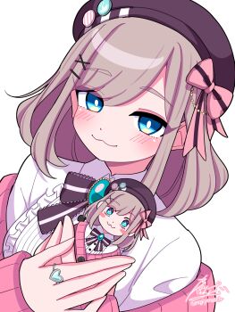 1girl badge beret black_hat black_ribbon blush breasts brown_hair button_badge cardigan character_doll closed_mouth collared_shirt commentary doll frilled_shirt frills gem green_eyes green_gemstone hair_ornament hairclip hat heart_ring highres holding holding_doll jewelry long_sleeves looking_at_viewer medium_hair negiponzu nijisanji off-shoulder_cardigan pink_cardigan pink_ribbon ribbon ring shirt signature simple_background smile suzuhara_lulu suzuhara_lulu_(1st_costume) twitter_username virtual_youtuber white_background white_shirt