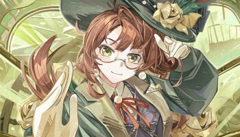 Rule 34 | 1girl, brown hair, closed mouth, film grain, flower, gloves, green background, green eyes, green hat, green jacket, hands up, hat, hat flower, jacket, kakania (reverse:1999), li mingqing, long hair, looking at viewer, neck ribbon, red ribbon, reverse:1999, ribbon, round eyewear, semi-rimless eyewear, shirt, smile, solo, under-rim eyewear, upper body, white gloves, white shirt, yellow flower