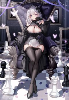 1girl bare_shoulders bishop_(chess) black_dress black_flower black_garter_straps black_gloves black_shoes black_sleeves black_thighhighs blue_eyes breasts chair chess_piece cleavage closed_mouth commentary_request commission detached_sleeves dress flower full_body garter_straps gloves grey_hair hand_up heterochromia highres indoors king_(chess) knight_(chess) large_breasts light_smile long_hair long_sleeves looking_at_viewer mocchiri290 original painting_(object) pawn_(chess) purple_eyes purple_flower queen_(chess) rook_(chess) shoes sitting skeb_commission solo thighhighs