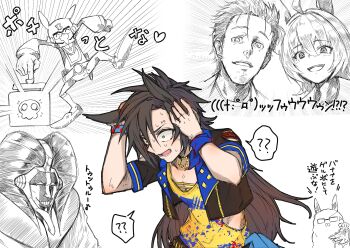 3boys 3girls ? ?? absurdres agnes_tachyon_(umamusume) ahoge air_shakur_(umamusume) animal_ears banana biwa_hayahide_(umamusume) black_hair black_jacket bleach boyakki breasts crop_top eyebrow_piercing face_piercing food fruit gel_banana glasses hair_between_eyes highres holding holding_food holding_fruit horse_ears horse_girl jacket kurotsuchi_mayuri long_hair maromaron_taitei multiple_boys multiple_girls name_connection okabe_rintarou open_mouth partially_colored piercing science_adventure shirt short_hair small_breasts spoken_question_mark steins;gate time_bokan_(series) umamusume yatterman yellow_eyes yellow_shirt