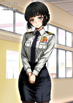 Rule 34 | 1girl, alternate costume, black hair, black necktie, black pantyhose, black skirt, blush, breasts, brown eyes, collared shirt, dated, hair bun, hair ornament, hairclip, highres, hisama tomoki, indoors, japan maritime self-defense force, japan self-defense force, kantai collection, long hair, long sleeves, looking at viewer, medium breasts, military, military rank insignia, military uniform, myoukou (kancolle), naval uniform, necktie, pantyhose, ribbon bar, shirt, shoulder boards, single hair bun, skirt, smile, solo, white shirt, window