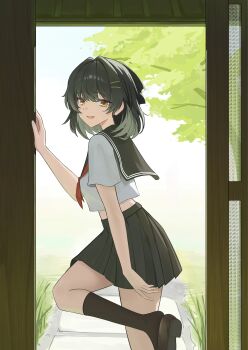 1girl absurdres alternate_costume alternate_hair_length alternate_hairstyle black_hair black_sailor_collar black_skirt black_socks breasts commentary female_rover_(wuthering_waves) hair_ornament hairclip hashtag-only_commentary highres leg_up looking_at_viewer looking_to_the_side medium_breasts medium_hair myumyu431 neckerchief parallel_hairclips red_neckerchief rover_(wuthering_waves) sailor_collar school_uniform serafuku shirt short_sleeves skirt smile socks solo white_shirt wuthering_waves