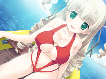 Rule 34 | 1girl, aa! ojou-sama!, bikini, boat, breasts, casual one-piece swimsuit, cleavage, covered erect nipples, drill hair, dutch angle, female focus, food, fruit, game cg, green eyes, huge breasts, large breasts, mardeline von ryukshire, nekokan (cat's cradle), ocean, one-piece swimsuit, orange (fruit), raft, silver hair, sitting, skindentation, smile, solo, swimsuit, water, watercraft, wet