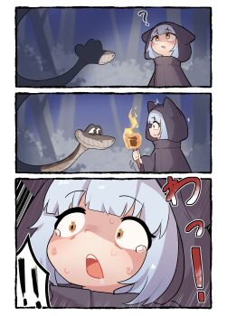 1girl absurdres animal_ears bestiality blue_hair cat_ears cat_girl constricted_pupils highres holding holding_torch kaa_(jungle_book) loli nanachides orange_eyes original short_hair snake tail the_jungle_book torch