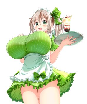 1girl apron asahina_hinata blush breasts brown_hair buttons commentary cowboy_shot dress food frilled_dress frills from_below green_dress green_eyes green_ribbon hair_between_eyes hair_ribbon hands_up highres holding huge_breasts indie_virtual_youtuber looking_down maid maid_apron maid_headdress medium_hair monno open_mouth oppai_loli ribbon side_ponytail sidelocks simple_background solo teeth thighs tray upper_teeth_only virtual_youtuber white_background