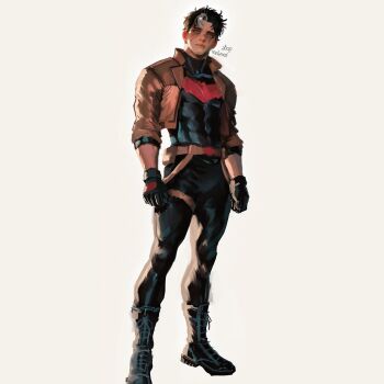 Rule 34 | 1boy, bat signal, batman (series), batman symbol, belt, black bodysuit, black gloves, black hair, blue eyes, bodysuit, brown jacket, dc comics, gloves, godsbanshee, highres, jacket, jason todd, male focus, multicolored bodysuit, muscular, muscular male, open clothes, pants, red hood (dc), red hood and the outlaws, short hair, superhero costume, taut bodysuit, two-tone bodysuit, utility belt, western comics (style)