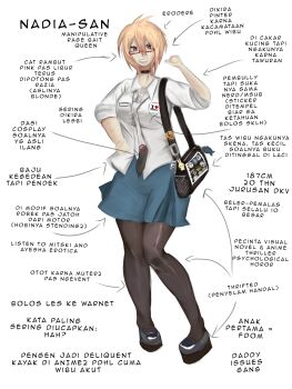 arrow_(symbol) artist_request bag black_collar blonde_hair breasts character_name collar delinquent femdom full_body grin gyaru hair_between_eyes highres holding holding_bag indonesia indonesian_high_school_uniform introduction itabag large_breasts legs mature_female muscular nadia-san non-web_source onee_gyaru original red_eyes reference_sheet school school_uniform shirt shoes short_hair skirt smile thighhighs translation_request white_shirt
