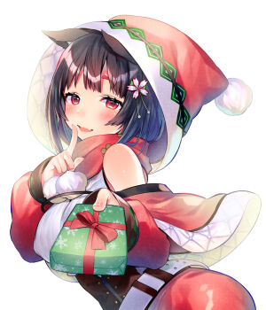 1girl animal_ears asagi_yuna azur_lane belt black_hair blush box breasts capelet cat_ears cat_girl christmas fang finger_to_mouth gift gift_box hair_ornament hood hood_up hooded_capelet index_finger_raised large_breasts looking_at_viewer open_mouth pom_pom_(clothes) red_capelet red_eyes short_hair simple_background skin_fang solo white_background white_belt yamashiro_(azur_lane) yamashiro_(holiday_offensive)_(azur_lane)