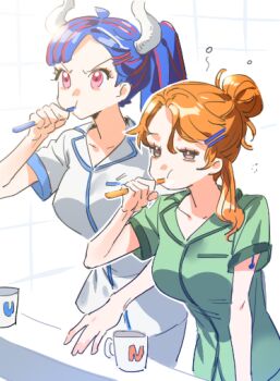2girls blue_hair breasts brown_eyes brushing_teeth commentary cup hair_bun hair_ornament hair_up hairclip high_ponytail holding holding_toothbrush horns indoors large_breasts long_hair multiple_girls nami_(one_piece) one_piece orange_hair pajamas pink_eyes ponytail raine_(acke2445) short_sleeves shoulder_tattoo sleepy symbol-only_commentary tattoo toothbrush toothbrush_in_mouth ulti_(one_piece) upper_body