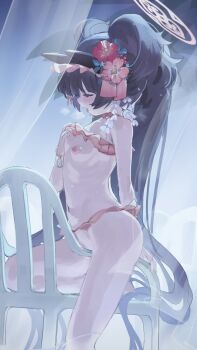 1girl animal_ears blue_archive blush bracelet breasts brown_hair closed_eyes curtains fake_animal_ears flower flower_on_head grabbing_own_breast halo headband highres jewelry lawn_chair long_hair masturbation nemo_(leafnight) nipples open_mouth saliva shizuko_(blue_archive) shizuko_(swimsuit)_(blue_archive) small_breasts swimsuit twintails