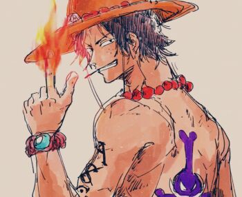Rule 34 | 1boy, arm tattoo, back tattoo, black hair, clenched teeth, commentary request, fire, freckles, hat, hebi d hebi, highres, jolly roger, log pose, male focus, one piece, orange hat, portgas d. ace, short hair, simple background, solo, tattoo, teeth, topless male, upper body, whitebeard pirates jolly roger