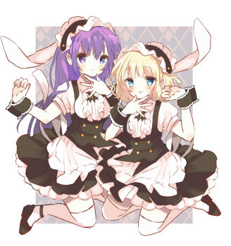 animal_ears apron black_skirt blonde_hair blue_eyes blush closed_mouth floppy_ears frilled_apron frilled_cuffs frilled_hairband frills gochuumon_wa_usagi_desu_ka? hairband highres kirima_syaro long_hair maid_headdress matching_outfits pastelpomi puffy_sleeves purple_eyes purple_hair rabbit_ears shirt shoes skirt smile tedeza_rize thighhighs underbust waist_apron white_apron white_shirt