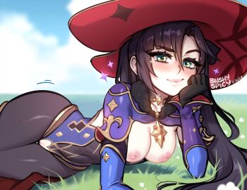 black_hair blush blushypixy blushyspicy breasts colored_skin genshin_impact grass green_eyes hand_on_own_face hat medium_breasts mona_(genshin_impact) narrow_waist non-web_source pantyhose pussy source_request white_skin wide_hips