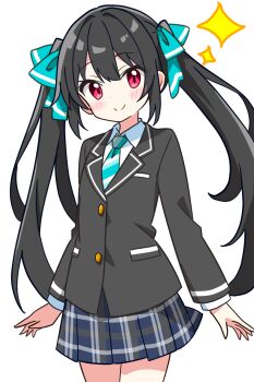 Rule 34 | 1girl, black-haired twintail girl (kotatsu-mazoku), black hair, black jacket, blazer, blue skirt, blush, buttons, closed mouth, collared shirt, commentary request, cowboy shot, dot nose, green necktie, green ribbon, hair ribbon, jacket, kotatsu-mazoku, long hair, long sleeves, looking at viewer, miniskirt, necktie, original, plaid clothes, plaid skirt, pleated skirt, red eyes, ribbon, school uniform, shirt, sidelocks, simple background, skirt, smile, solo, sparkle, striped necktie, twintails, white background, white shirt