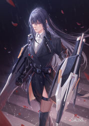 Rule 34 | 1girl, artist name, belt, black belt, black coat, black footwear, black gloves, black hair, black thighhighs, blue eyes, clenched hand, closed mouth, coat, collared shirt, cowboy shot, dress shirt, ear piercing, earrings, elbow gloves, gloves, gradient hair, hair between eyes, highres, jewelry, ladywaltz, long hair, looking ahead, multicolored hair, necktie, path to nowhere, petals, piercing, rahu (path to nowhere), rain, road, serious, shield, shirt, solo, strap, street, thighhighs, trench coat, two-tone hair, very long hair, walking, wet, white necktie, white shirt