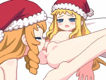 2girls ami_(ammy33) animated animated_gif anus blinking blonde_hair blue_eyes blush christmas cleft_of_venus closed_eyes cunnilingus doctor_magus doctor_magus_4 drill_hair drill_sidelocks etrian_odyssey flat_chest gunner_(sekaiju) gunner_2_(sekaiju) hat loli long_hair looping_animation lying multiple_girls nipples nude on_back oral orange_hair pillow pixel_art pom_pom_(clothes) pussy santa_hat sidelocks spread_legs tongue tongue_out uncensored white_background yuri