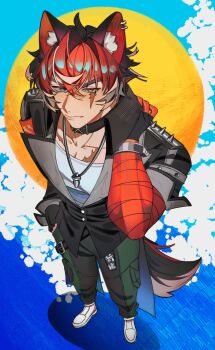 1boy animal_ear_piercing animal_ears bandaged_arm bandages black_choker black_hair choker collarbone commentary dog_boy dog_ears dog_tail english_commentary green_pants highres jewelry komano_manato kun_yoku male_focus multicolored_hair muscular muscular_male necklace pants red_bandage red_eyes red_hair scar scar_on_chest scar_on_face shirt shoes tail white_shirt white_shoes zenless_zone_zero