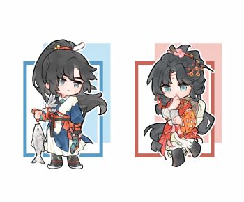 Rule 34 | 1boy, 1girl, animal, arm armor, black boots, black hair, blue eyes, blue robe, boots, cheng heguang, chibi, chinese clothes, chinese commentary, commentary request, facial mark, feather boa, fish, flower, forehead mark, full body, grey eyes, hair branch, hair flower, hair ornament, hand on own chin, hanfu, hat on back, highres, holding, holding animal, holding fish, holding sword, holding weapon, long hair, looking to the side, mole, mole on nose, pants, paper heron, pink flower, ponytail, red hanfu, reverse:1999, robe, sheath, sheathed, standing, standing on one leg, sword, very long hair, weapon, weimao, white background, white pants, youranzi