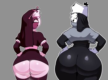 2girls annoyed ass blank_eyes colored_skin friday_night_funkin&#039; from_behind highres huge_ass kiwines12 multiple_girls nun open_mouth pink_skin sarvente_(friday_night_funkin&#039;) smile taki_(friday_night_funkin&#039;) tall_female white_skin
