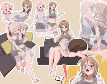 2girls anon_tokyo_(bang_dream!) bang_dream! bang_dream!_it's_mygo!!!!! barefoot black_panties black_shorts black_sports_bra blue_eyes blush blush_stickers brown_background brown_hair camisole chihaya_anon chinese_commentary commentary_request couch cushion eye_contact fang grabbing_another's_breast grabbing_from_behind grey_eyes groping hand_on_another's_thigh heart highres holding_hands imminent_kiss interlocked_fingers long_hair looking_at_another multiple_girls nagasaki_soyo on_couch open_mouth panties pink_hair shorts simple_background sitting sitting_on_lap sitting_on_person skin_fang smile soles spoken_heart sports_bra sweat toes tongue underwear white_camisole wo_mingzi_bei_qile yuri