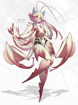 1girl antennae arthropod_girl arthropod_limbs arthropod_tail blonde_hair carapace colored_inner_hair colored_sclera colored_skin commentary_request extra_arms highres looking_at_viewer mantis_girl monster_girl multicolored_hair no_feet original pink_eyes pink_hair pink_sclera ruteko_(ruko220) shadow short_hair solo white_background white_skin