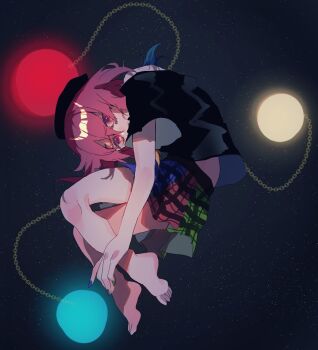 1girl barefoot black_hat black_shirt blue_skirt chain commentary_request earth_(ornament) fetal_position full_body green_skirt hat hecatia_lapislazuli highres looking_at_viewer moon_(ornament) multicolored_skirt one-hour_drawing_challenge plaid_clothes plaid_skirt red_eyes red_hair red_skirt shinjitsu_no_kuchi shirt short_hair short_sleeves skirt sky solo star_(sky) starry_sky touhou underworld_(ornament)