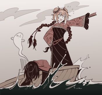 Rule 34 | 1boy, 1girl, :d, black dress, black hair, black shirt, boat, braid, chayre5792, chinese clothes, coat, double bun, dress, family hierarch candidate (identity) (project moon), freckles, ghost, grey background, hair bun, hand fan, ishmael (project moon), limbus company, looking at viewer, on boat, one eye closed, open mouth, orange hair, project moon, red coat, red shrug, rope belt, shirt, shrug (clothing), simple background, smile, standing, twin braids, upper body, water, watercraft, yellow eyes, yi sang (project moon)