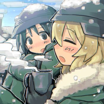 2girls black_eyes black_gloves black_hair blonde_hair blue_sky blush brodie_helmet chito_(shoujo_shuumatsu_ryokou) cloud coat cup closed_eyes from_side gloves green_coat hair_between_eyes hat head_tilt helmet holding holding_cup looking_at_another combat_helmet multiple_girls open_mouth outdoors rnfhv shoujo_shuumatsu_ryokou sitting sky smoke snow snow_on_headwear square stahlhelm yuuri_(shoujo_shuumatsu_ryokou)