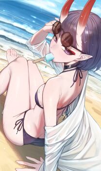 1girl bare_shoulders beach bikini black_bikini breasts chorogon eyeliner fate/grand_order fate_(series) food highres horns long_sleeves looking_at_viewer makeup mouth_hold off_shoulder oni pointy_ears popsicle purple_eyes purple_hair shirt shore short_eyebrows short_hair shuten_douji_(fate) skin-covered_horns small_breasts solo sunglasses swimsuit white_shirt