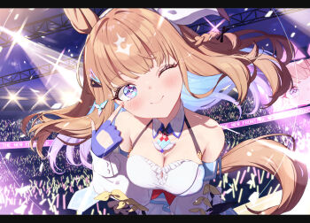 1girl almond_eye_(umamusume) animal_ears blue_eyes blue_gloves blue_hair blush braid breasts brown_hair cleavage closed_mouth colored_inner_hair commentary_request cross-shaped_pupils dress fingerless_gloves gloves highres horse_ears horse_girl horse_tail letterboxed long_hair looking_at_viewer medium_breasts multicolored_hair saboten_mushi single_braid smile stage streaked_hair symbol-shaped_pupils tail umamusume white_dress white_hair