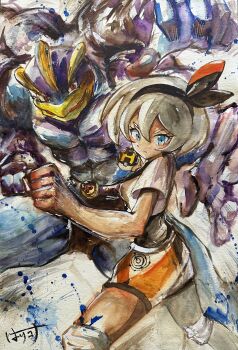 1girl absurdres bea_(pokemon) black_hair blonde_hair blue_eyes bow_hairband clenched_hand closed_mouth commentary_request eyelashes gen_1_pokemon gloves hairband hands_up harikona highres holding holding_poke_ball knee_pads machamp nintendo painting_(medium) partially_fingerless_gloves poke_ball pokemon pokemon_(creature) pokemon_swsh print_shorts shirt short_hair short_sleeves shorts signature single_glove squatting traditional_media ultra_ball watercolor_(medium)